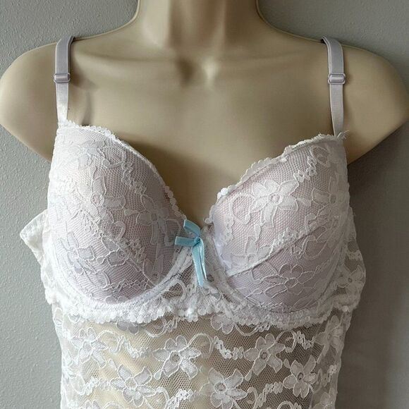 White Lace Floral Ruffle Sheer Underwire Slip Dress Size 2X - Picture 3 of 11